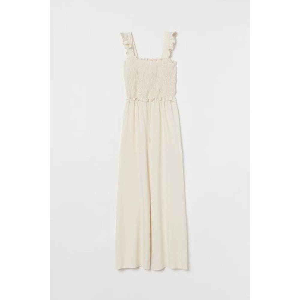 H&M Linen Blend Smocked Jumpsuit Small Wide Leg Beachy Coastal Minimalist Beige